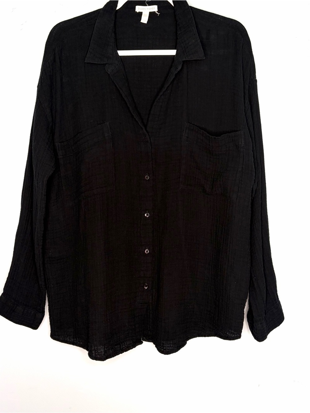 Eileen Fisher Organic Cotton Gauze Button Up Top Black Large Oversized
